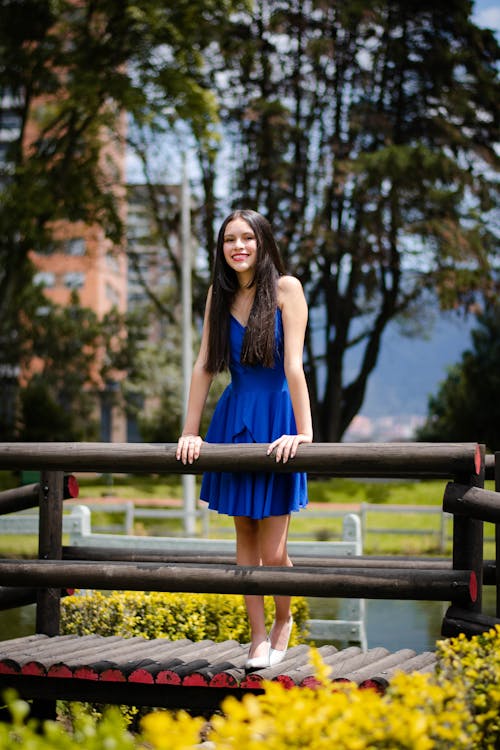 Kostenloses Stock Foto zu blaues kleid, frau, holzbrücke