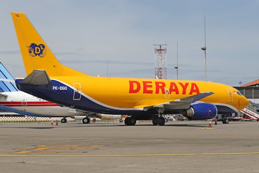 A Deraya Airlines cargo aircraft on the tarmac, showcasing its bright yellow livery.