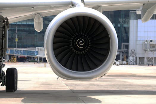 Detailed close-up of a commercial aircraft engine on the runway with terminal backdrop.