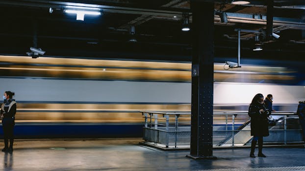 Blurred motion of a high-speed train passing by passengers at an indoor station.