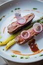 Dish of Meat and Green Asparagus Garnished with Slices of Reddish