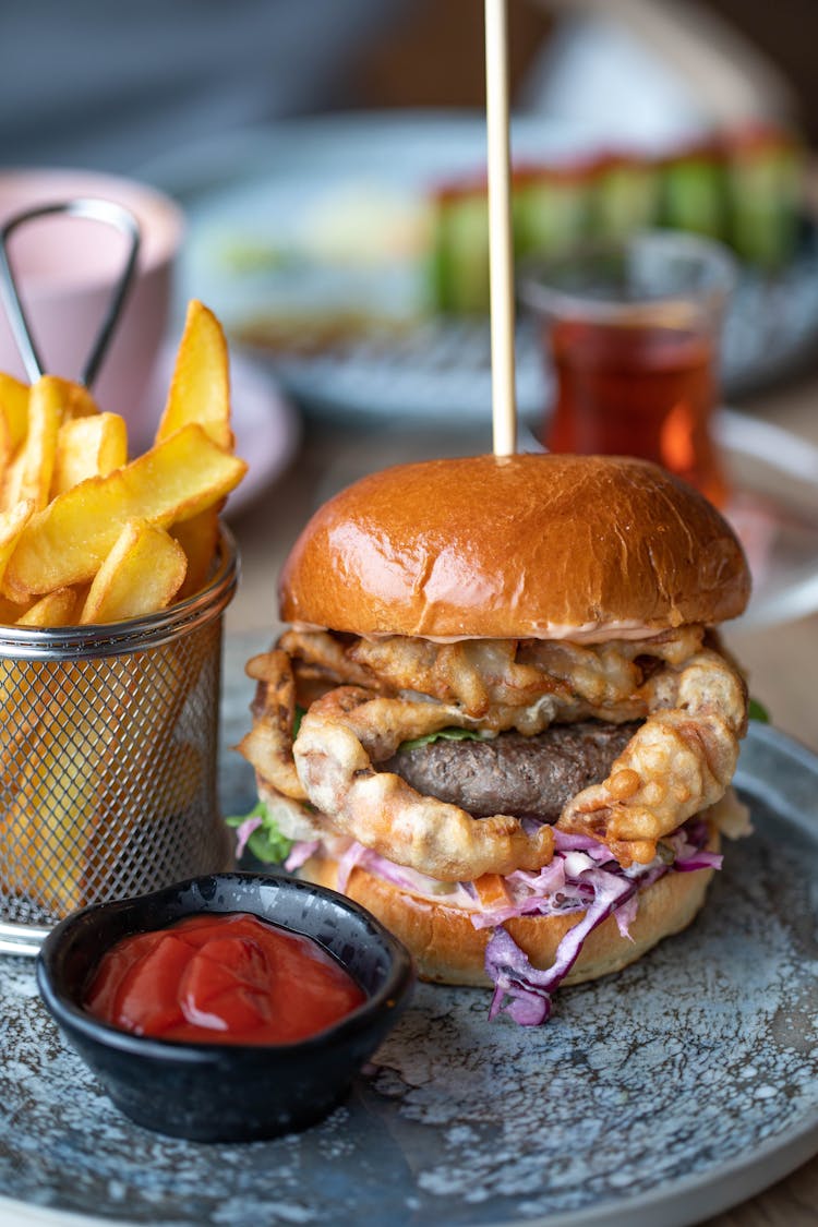 Hamburger With Fried Meat And Chips