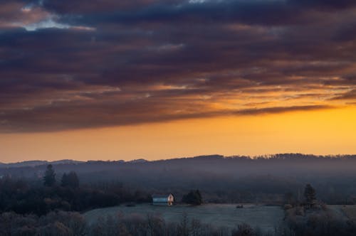 Clouds over House in Forest under Fog at Sunset