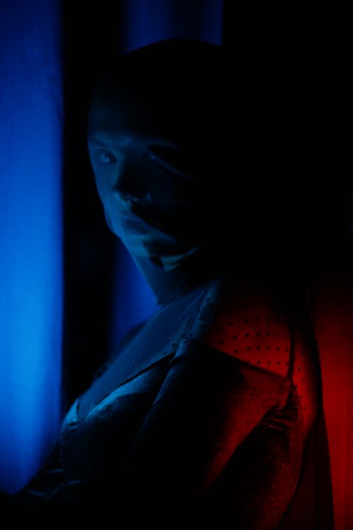 Free Mysterious portrait of a woman shrouded in darkness with striking red and blue lighting. Stock Photo