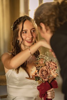 Beautiful bride holding a bouquet, sharing a romantic moment indoors during a wedding in Gaziantep.