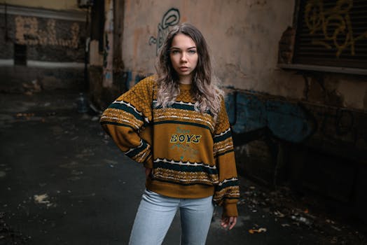 Young woman posing confidently in a graffiti alley, wearing a stylish sweater.