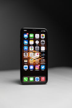 Close-up of a smartphone with an array of app icons against dark background.