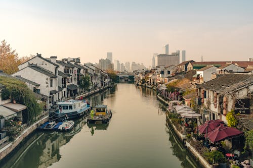 High Angle View of a Canal and a City 