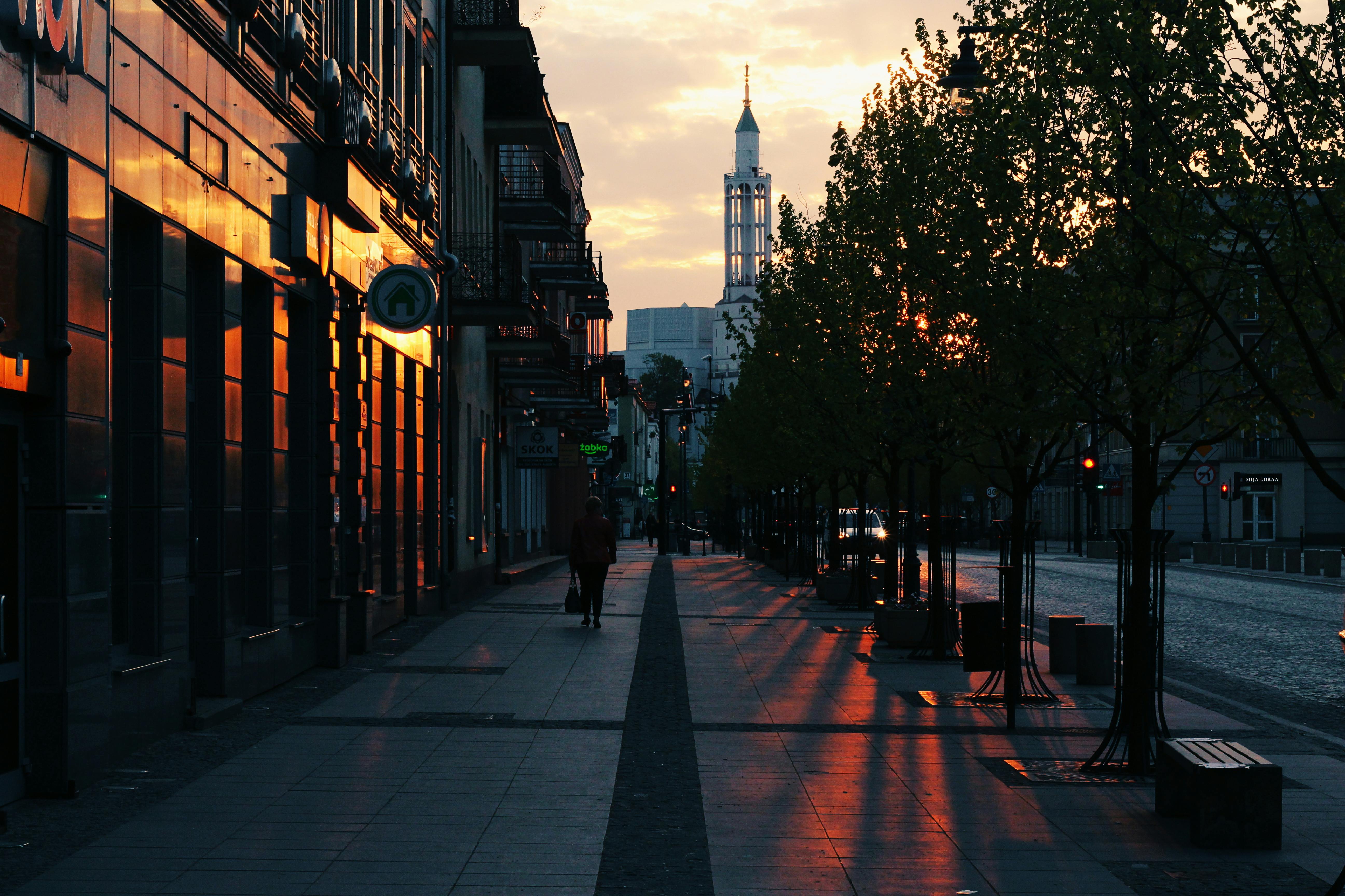 person walking on gray pavement near buildings during golden hour