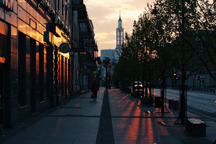 Person Walking On Gray Pavement Near Buildings During Golden Hour