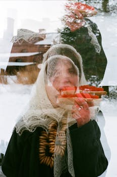 Double exposure photograph of woman holding red caviar and bread in a snowy winter setting.