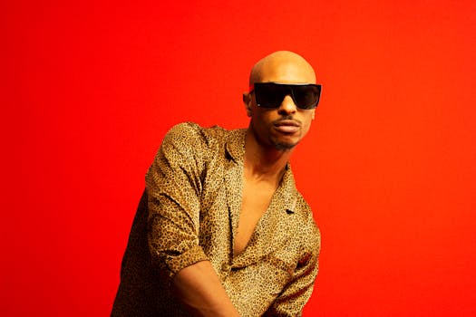 Fashionable man wearing sunglasses and animal print shirt posed against a bold red background.