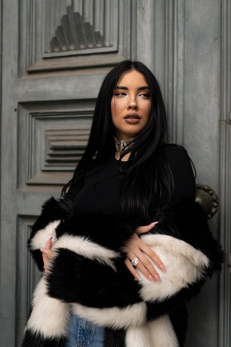 Woman With Black And White Faux Fur Shawl 