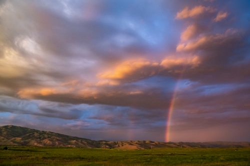 Free A breathtaking view of a rainbow amidst dramatic clouds during sunset in a lush countryside landscape. Stock Photo