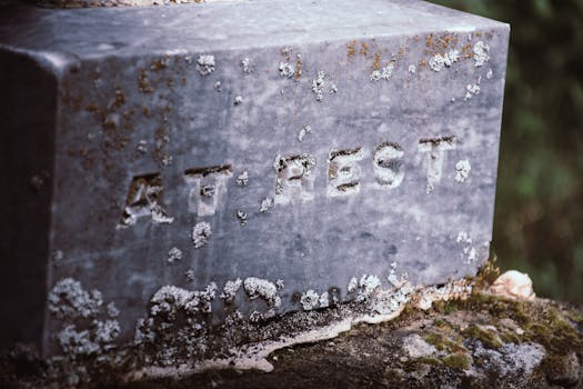 Close-up of an old tombstone featuring the inscription 'At Rest' with natural weathering.