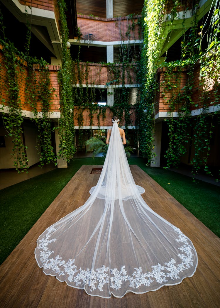 A Back View Of A Bride Wearing A Long Trail Gown