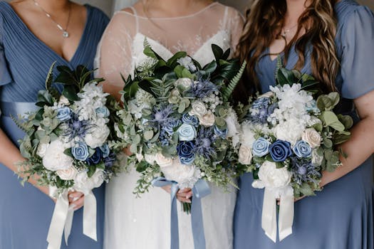 Three women in blue dresses hold elegant white and blue floral bouquets, perfect for weddings.