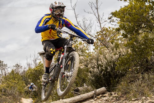Free Rider Jumping with his MTB Bike Stock Photo