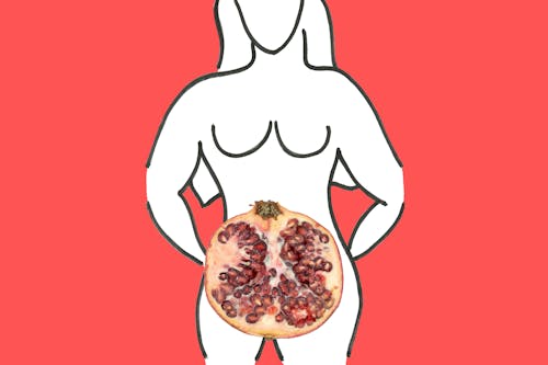 Pomegranate vagina on woman drawing and red background