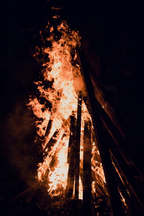 Free A blazing campfire with towering flames illuminating the dark night. Stock Photo
