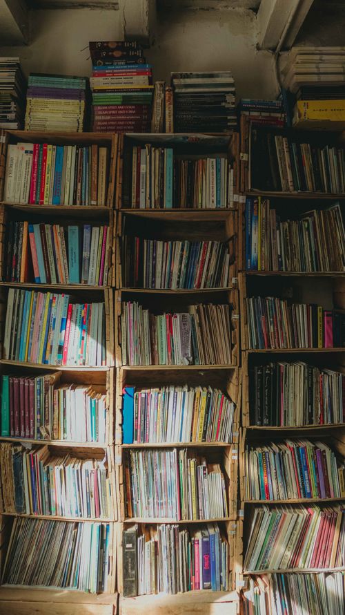 Free Organized bookshelf with a variety of colorful books in a cozy setting. Stock Photo