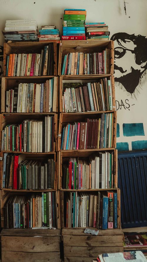 Free Vertical photo of organized wooden bookshelves filled with various books indoors. Stock Photo