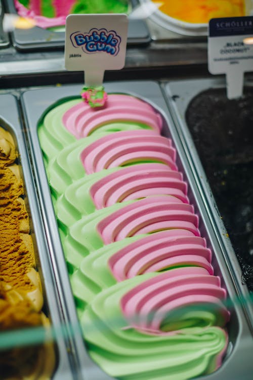Green and Pink Ice Cream in Metal Container