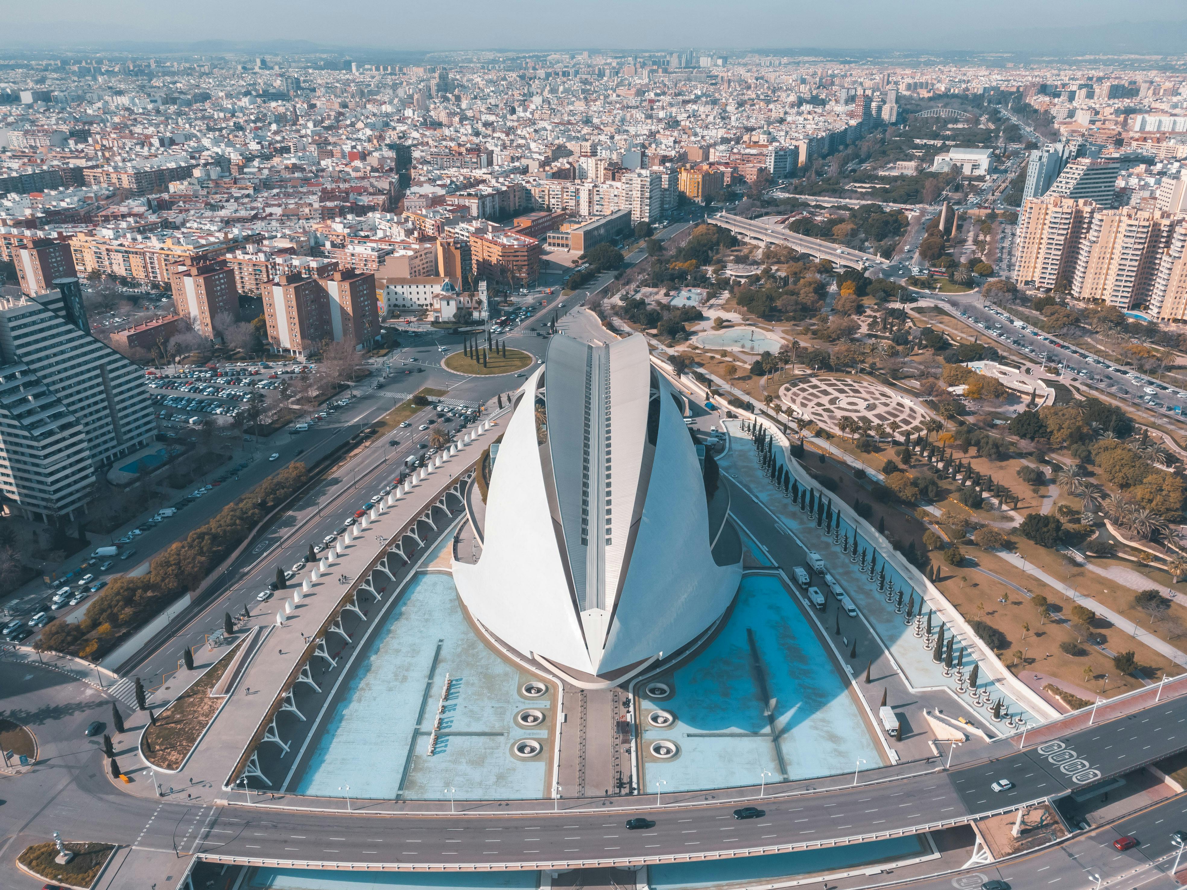 View of Valencia, Spain with Mediterranean architecture and orange trees