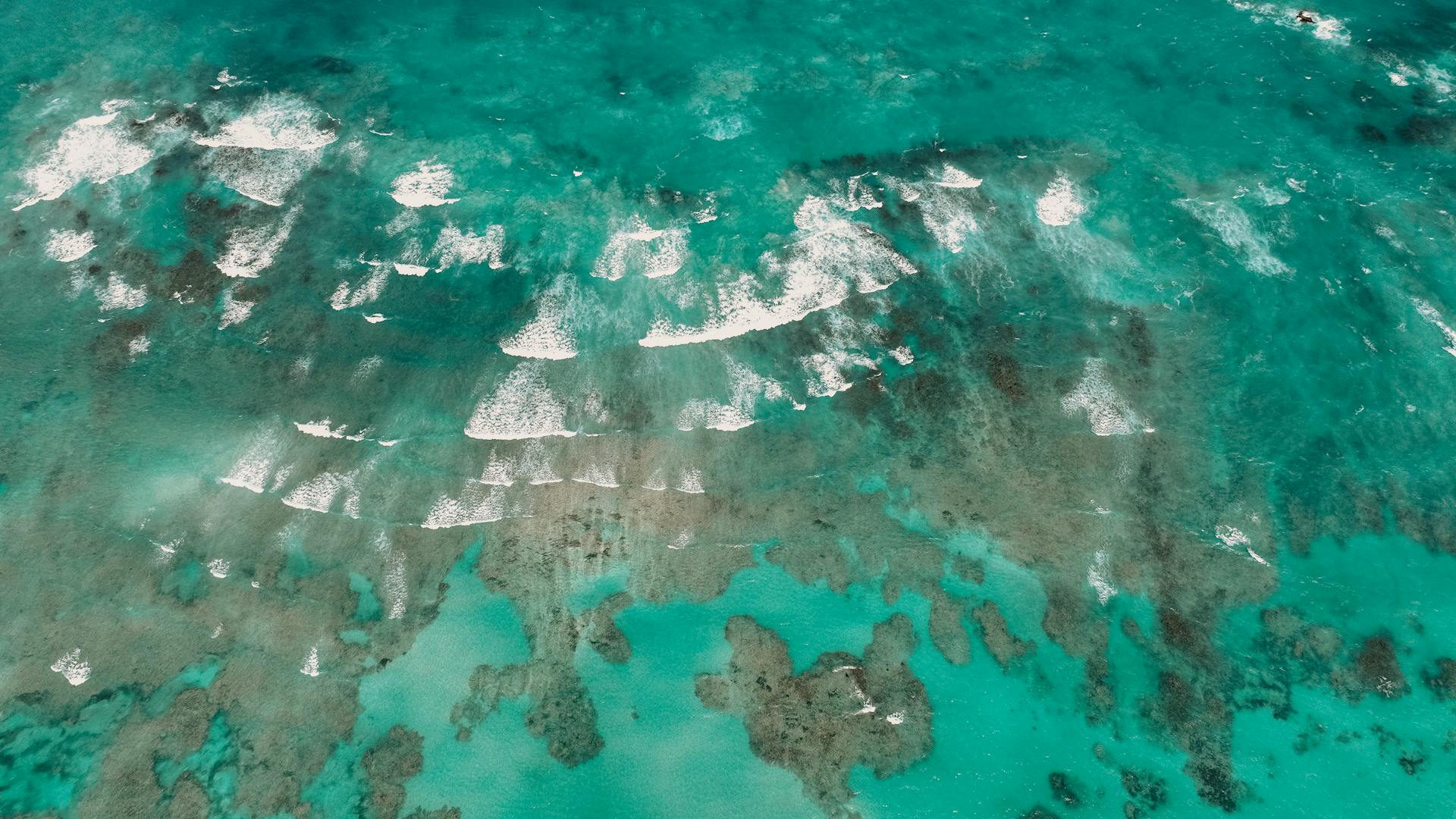 A breathtaking aerial shot capturing the vibrant turquoise waves of the ocean against a coral reef.