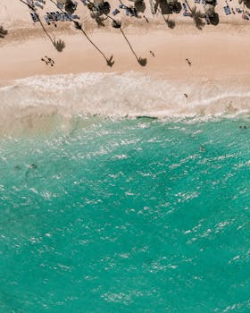 Aerial image of a beautiful tropical beach with turquoise waters and white sand.