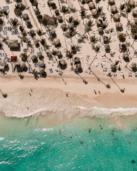 Drone view of a tropical beach with palm trees and turquoise water, ideal for travel inspiration.