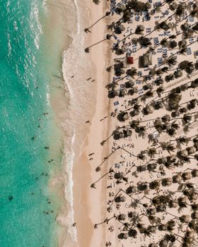 Stunning drone shot capturing beachgoers on a vibrant tropical beach with clear turquoise waters and palm trees.
