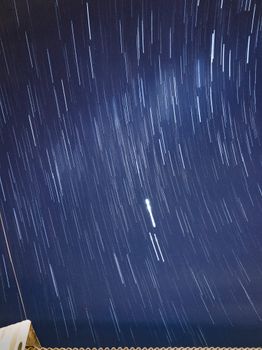 Captivating long exposure of star trails creating a mesmerizing celestial pattern in the night sky.
