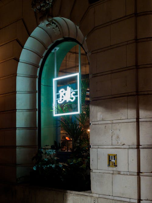 An Illuminated Text Sign on the Window