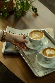 Hand reaches for a coffee cup with latte art on a wooden table, adorned with a plant and newspaper.