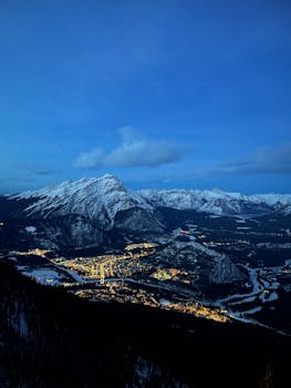 Sweeping view of Banff town and surrounding mountains during twilight with winter snow.