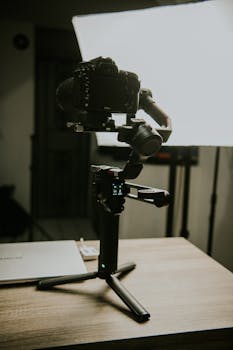Close-up of DSLR camera mounted on a tripod in an indoor studio setting with lighting equipment.
