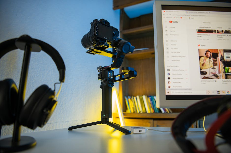 YouTube video production setup with camera and monitor.