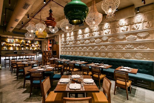 Discover the stunning interior of a modern restaurant with creative lighting and decor.