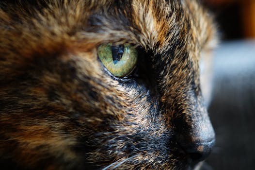 A detailed macro shot of a tortoiseshell cat's eye showcasing vibrant colors and textures.