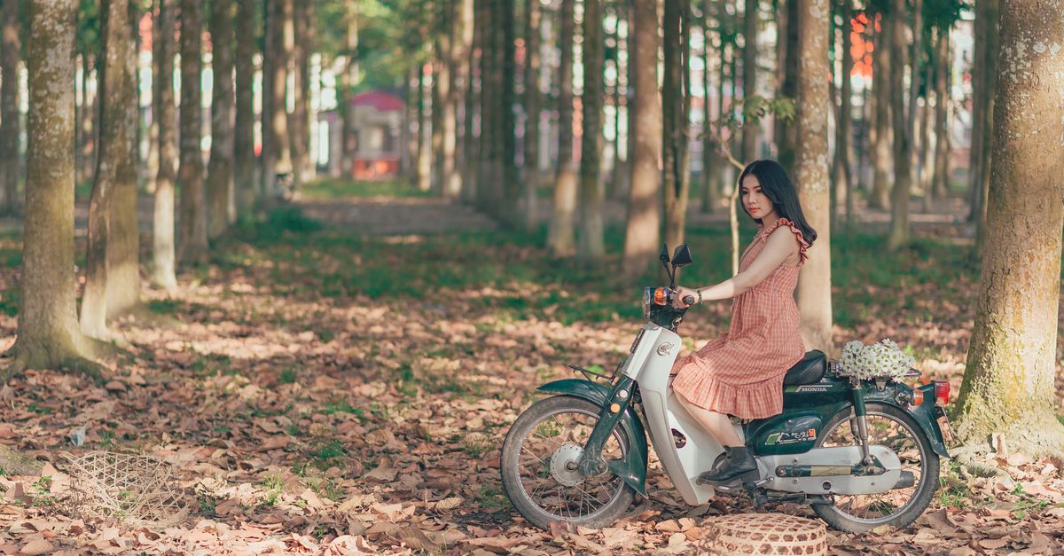 Person som kjører moped på en vei mellom trær om sommeren
