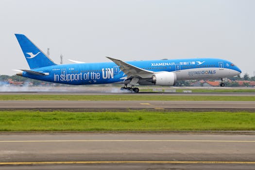 XiamenAir aircraft with UN support livery landing on runway, promoting sustainable goals.