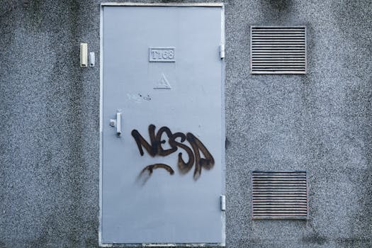 A gray metal door with graffiti and vents on a textured wall in Frederiksberg, Denmark.