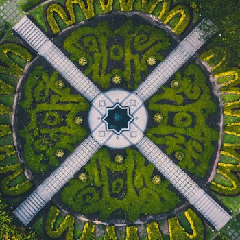 一张马来西亚对称花园的航拍照片，设计精美