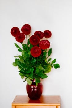 边桌上的花瓶里插着美丽的红色花朵，很适合为房间增添亮色