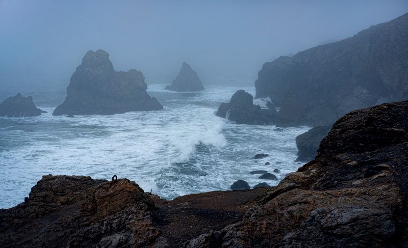 Sea stacks in fog off a rocky headland — photo by David McElwee on Pexels