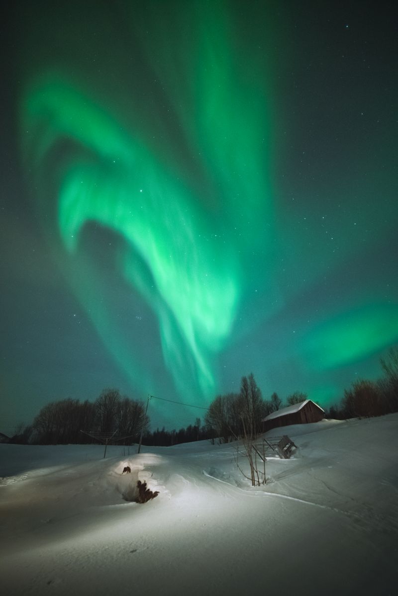 Aurora boreală verde pe cerul nopții deasupra peisajului nordic