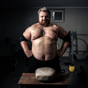 Muscular man with beard poses topless in gym with stone and kettlebells, showcasing strength.