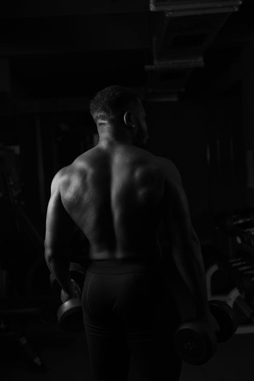 Free A Back View of a Shirtless Man Holding Dumbbells Stock Photo