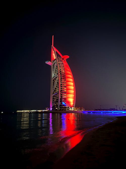 Free A Burj Al Arab with Lights at Night Stock Photo